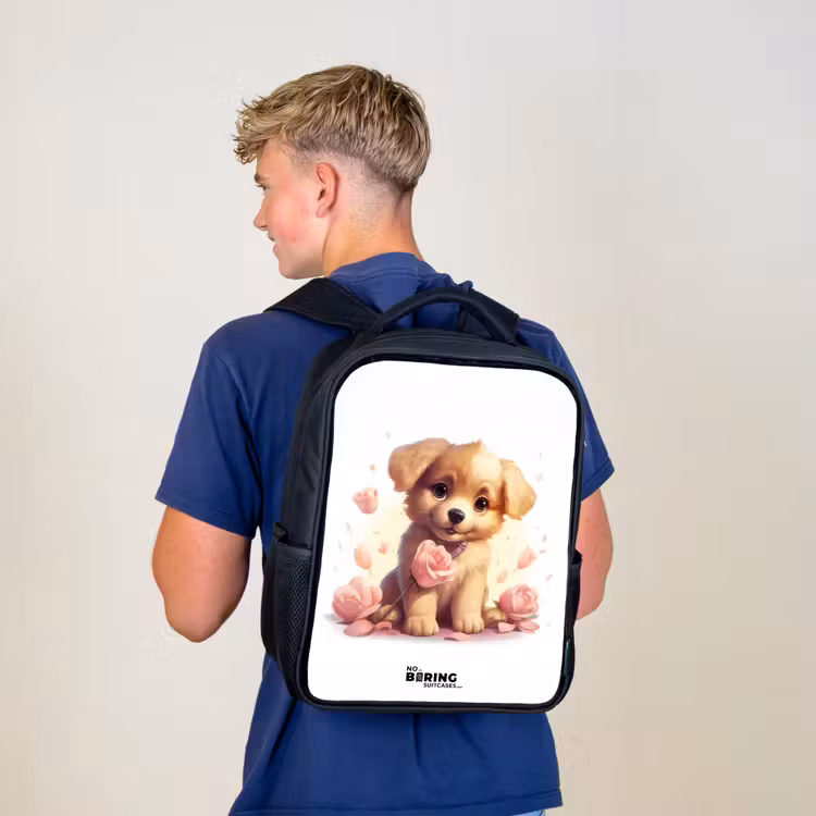 Kinderrucksack - Schwarz - Hündchen mit rosa Blumen — 3
