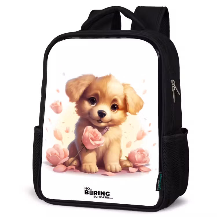 Kinderrucksack - Schwarz - Hündchen mit rosa Blumen — 4