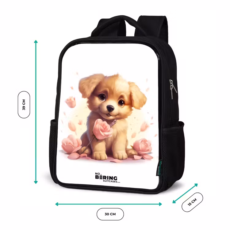 Kinderrucksack - Schwarz - Hündchen mit rosa Blumen — 6