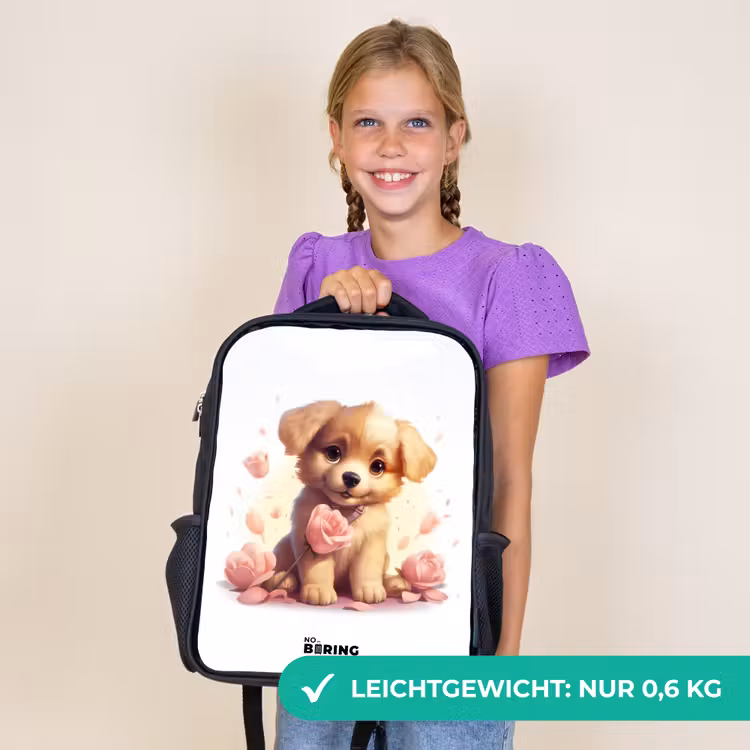 Kinderrucksack - Schwarz - Hündchen mit rosa Blumen — 7