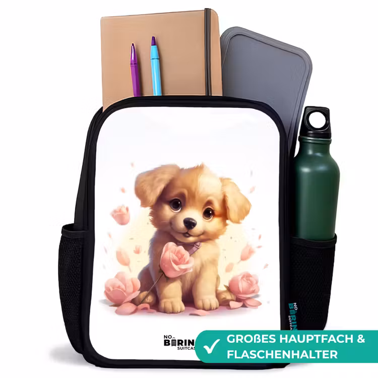 Kinderrucksack - Schwarz - Hündchen mit rosa Blumen — 8