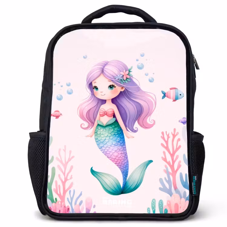 Kinderrucksack - Schwarz - Meerjungfrau umgeben von Fischen und Korallen — 1