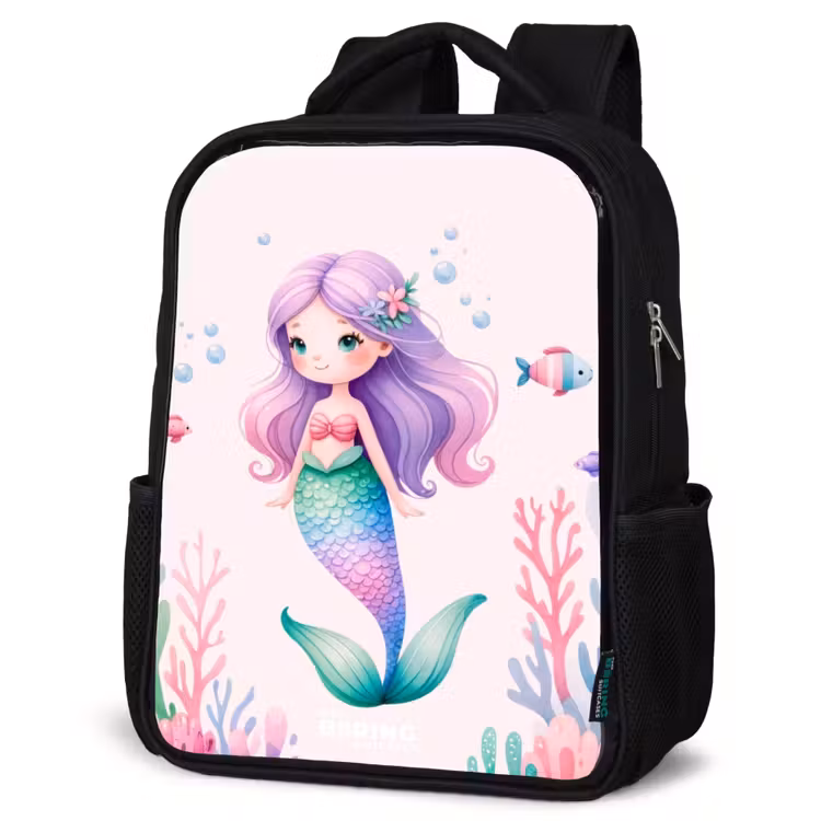 Kinderrucksack - Schwarz - Meerjungfrau umgeben von Fischen und Korallen — 4