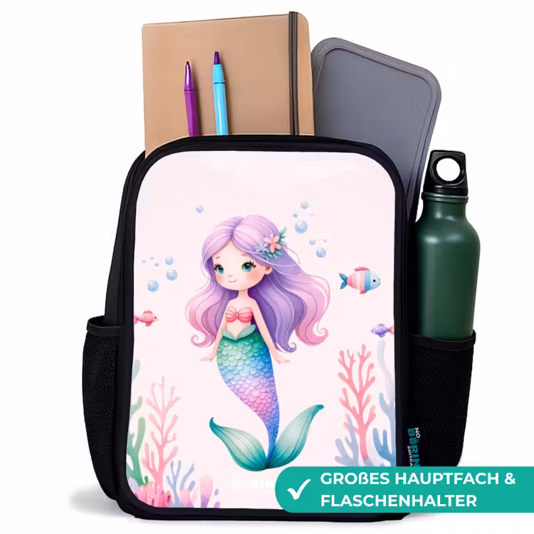 Kinderrucksack - Schwarz - Meerjungfrau umgeben von Fischen und Korallen — 8