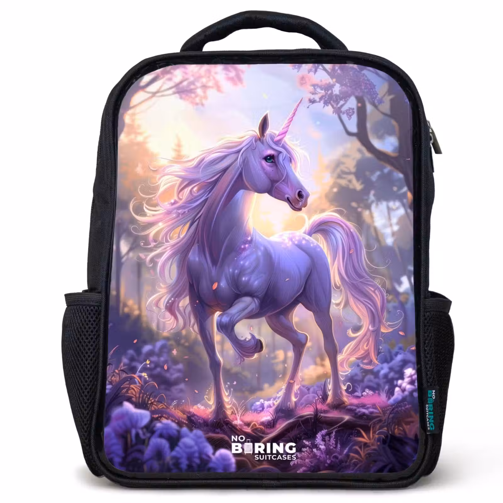 Kinderrucksack - Schwarz - Porträt eines Einhorns zwischen lila Blumen — 1