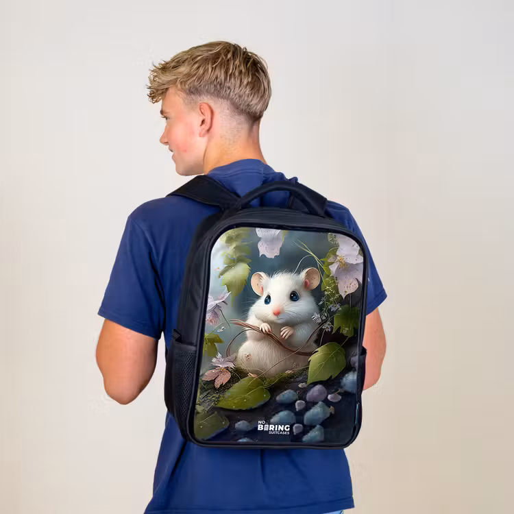 Kinderrucksack - Schwarz - Maus umgeben von Blättern — 3
