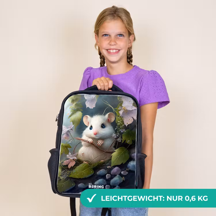 Kinderrucksack - Schwarz - Maus umgeben von Blättern — 7
