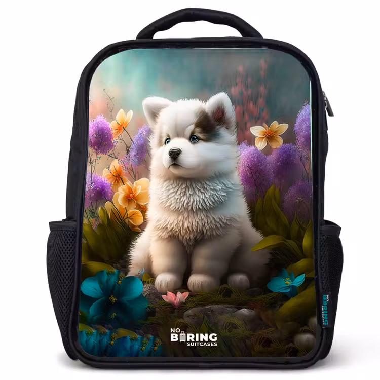 Kinderrucksack - Schwarz - Weißes Hündchen auf einer Blumenwiese — 1