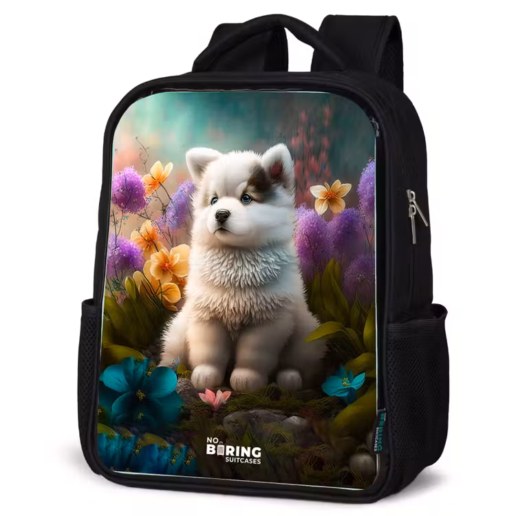 Kinderrucksack - Schwarz - Weißes Hündchen auf einer Blumenwiese — 4