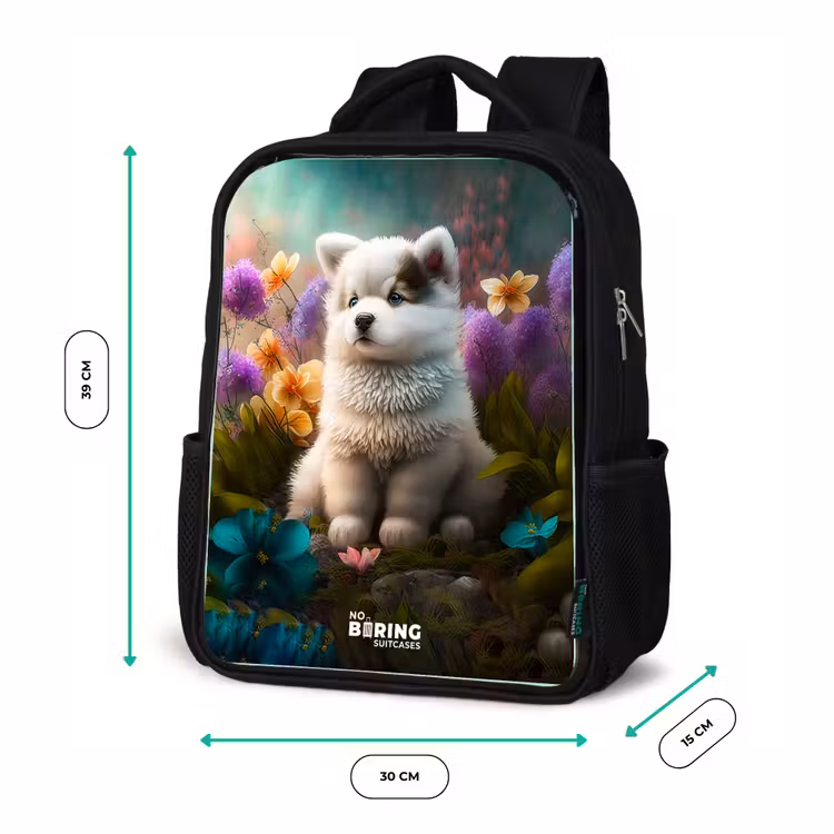 Kinderrucksack - Schwarz - Weißes Hündchen auf einer Blumenwiese — 6