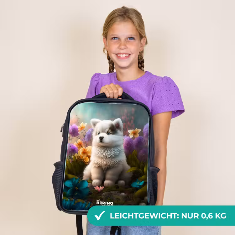 Kinderrucksack - Schwarz - Weißes Hündchen auf einer Blumenwiese — 7