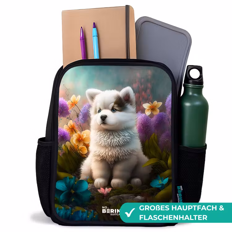Kinderrucksack - Schwarz - Weißes Hündchen auf einer Blumenwiese — 8