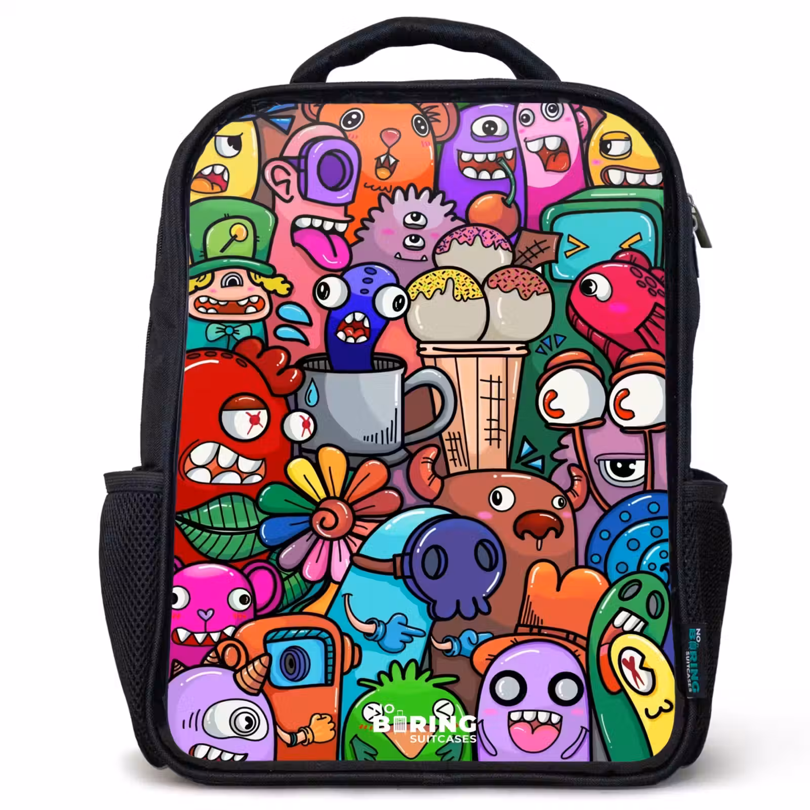 Kinderrucksack - Schwarz - Monster, Blumen und Eiscreme-Muster — 1