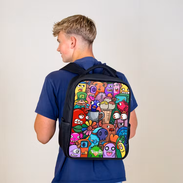 Kinderrucksack - Schwarz - Monster, Blumen und Eiscreme-Muster — 3