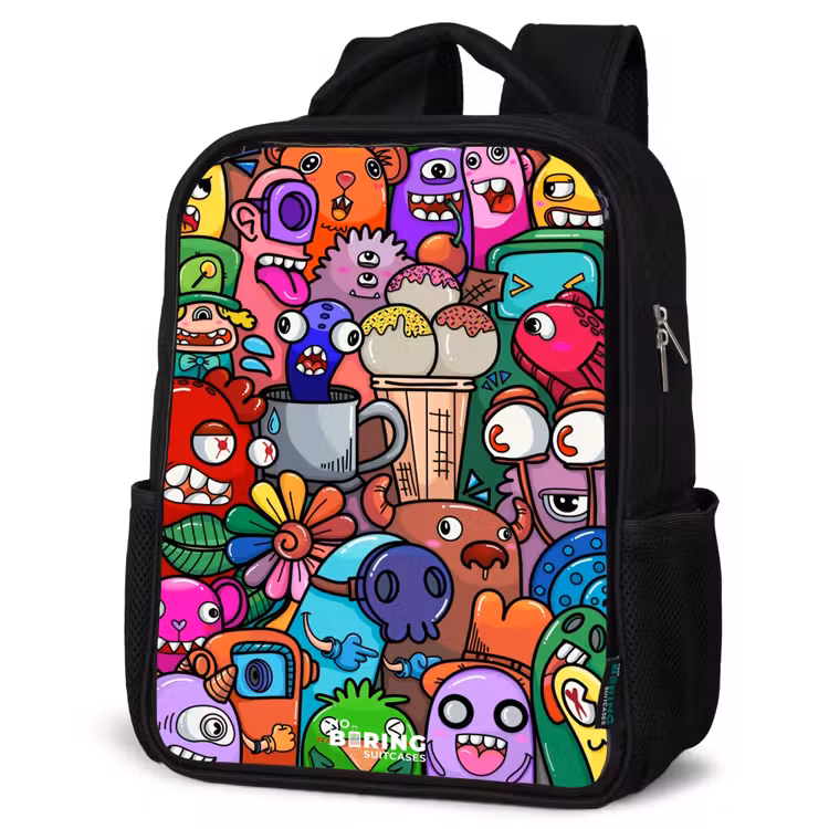 Kinderrucksack - Schwarz - Monster, Blumen und Eiscreme-Muster — 4