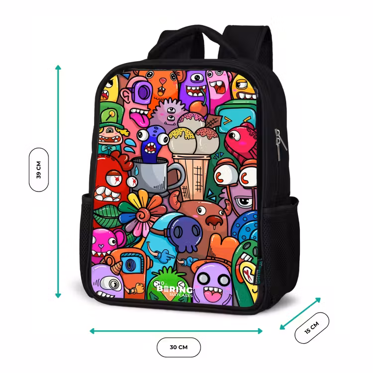 Kinderrucksack - Schwarz - Monster, Blumen und Eiscreme-Muster — 6