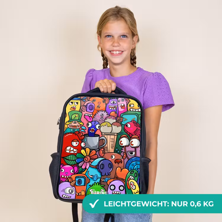 Kinderrucksack - Schwarz - Monster, Blumen und Eiscreme-Muster — 7
