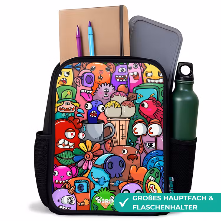 Kinderrucksack - Schwarz - Monster, Blumen und Eiscreme-Muster — 8