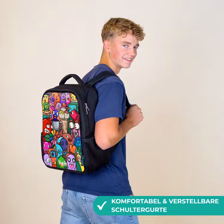 Kinderrucksack - Schwarz - Monster, Blumen und Eiscreme-Muster — 9