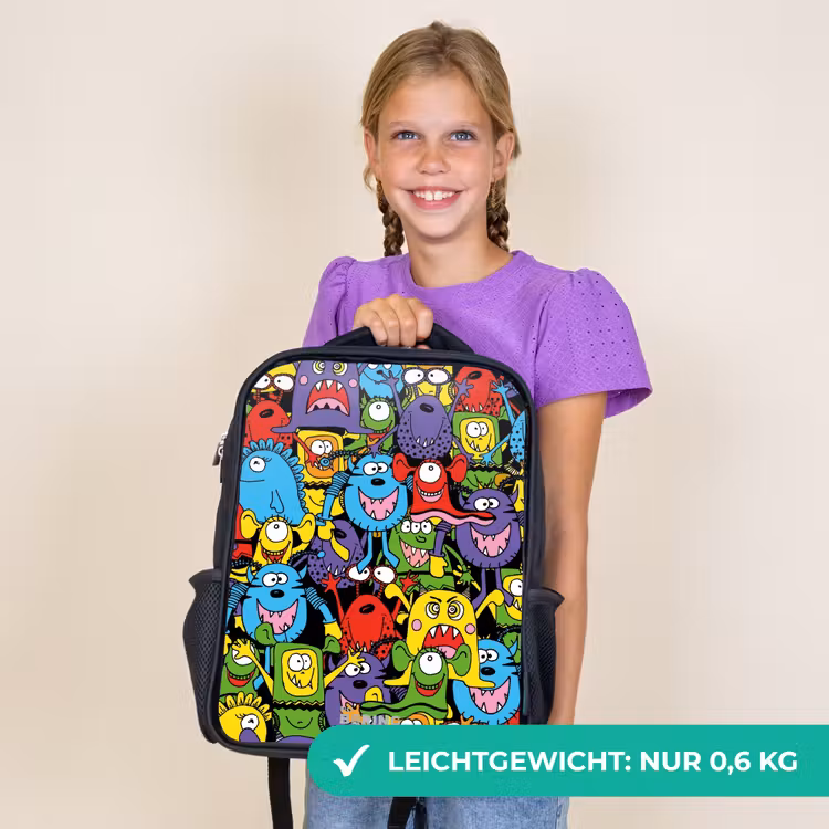 Kinderrucksack - Schwarz - Monster mit leuchtenden Farben — 7