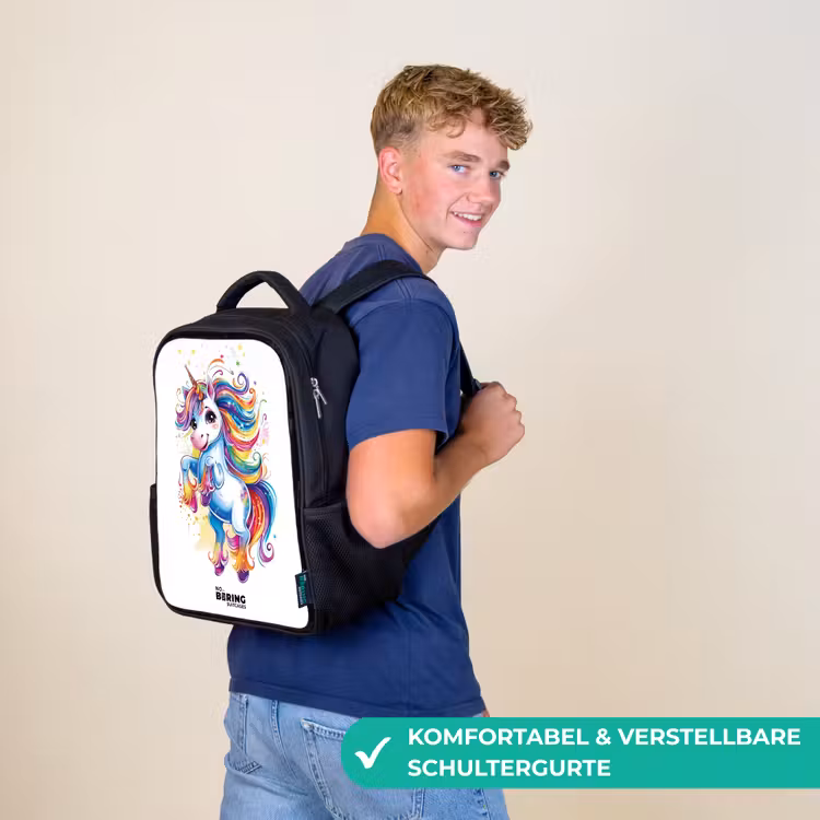 Kinderrucksack - Schwarz - Tänzelndes Einhorn mit Regenbogenmähne — 9