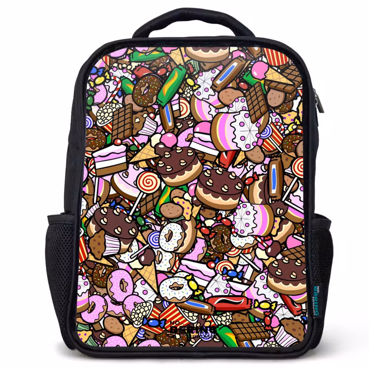 Kinderrucksack - Schwarz - Überlaufendes Muster mit Leckereien — 1