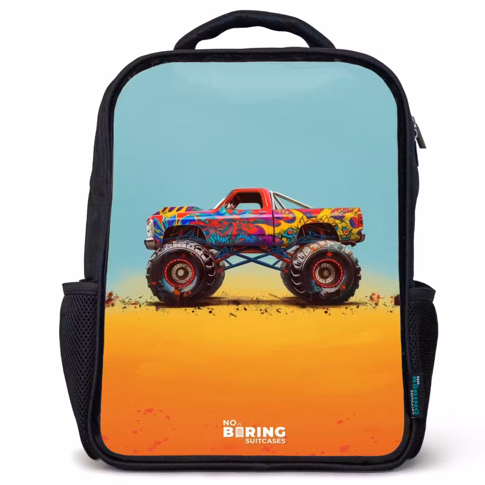 Kinderrucksack - Schwarz - Monstertruck mit Graffitidruck im Sand — 1