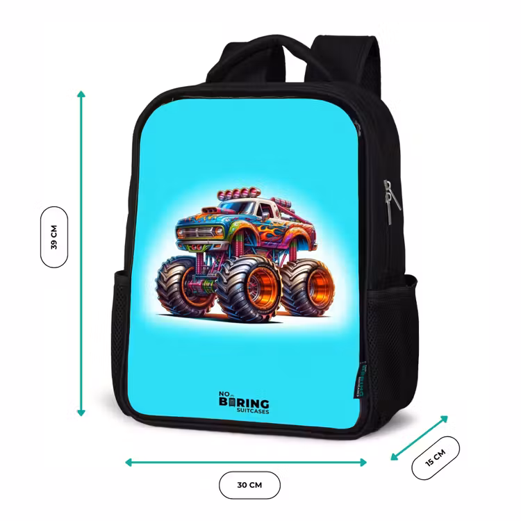 Kinderrucksack - Schwarz - Monstertruck auf hellblauem Hintergrund — 6