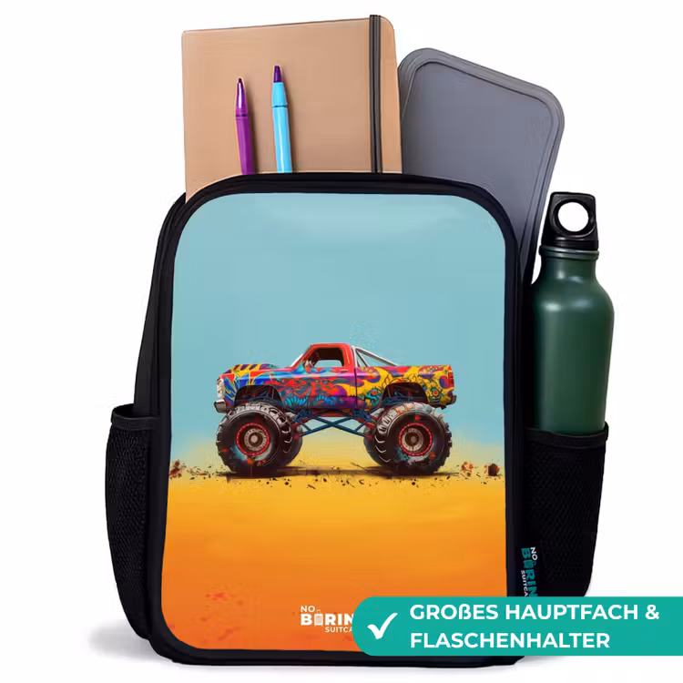 Kinderrucksack - Schwarz - Monstertruck mit Graffitidruck im Sand — 8