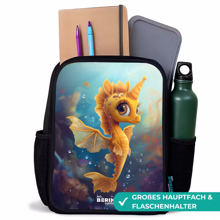 Kinderrucksack - Schwarz - Oranges Seepferdchen im Wasser — 8