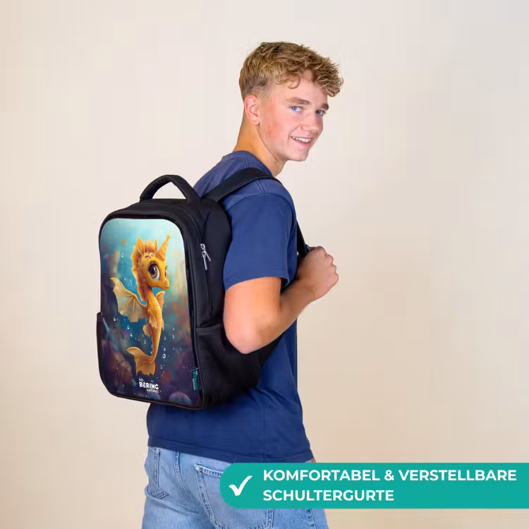 Kinderrucksack - Schwarz - Oranges Seepferdchen im Wasser — 9