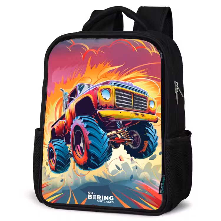 Kinderrucksack - Schwarz - Rosa Monstertruck fliegt über den Asphalt — 4