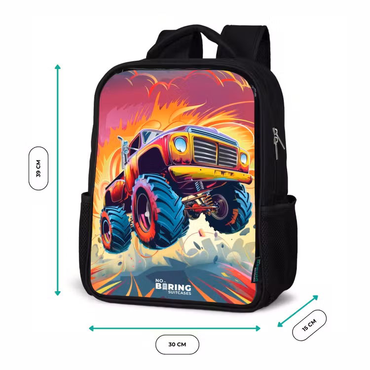 Kinderrucksack - Schwarz - Rosa Monstertruck fliegt über den Asphalt — 6