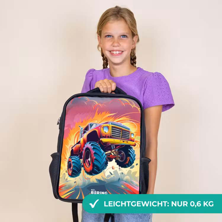 Kinderrucksack - Schwarz - Rosa Monstertruck fliegt über den Asphalt — 7
