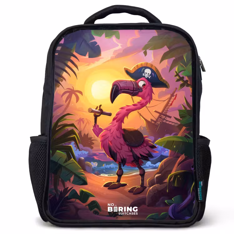 Kinderrucksack - Schwarz - Piratenflamingo auf einem tropischen Pfad — 1