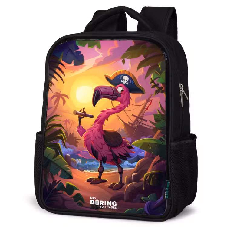 Kinderrucksack - Schwarz - Piratenflamingo auf einem tropischen Pfad — 4