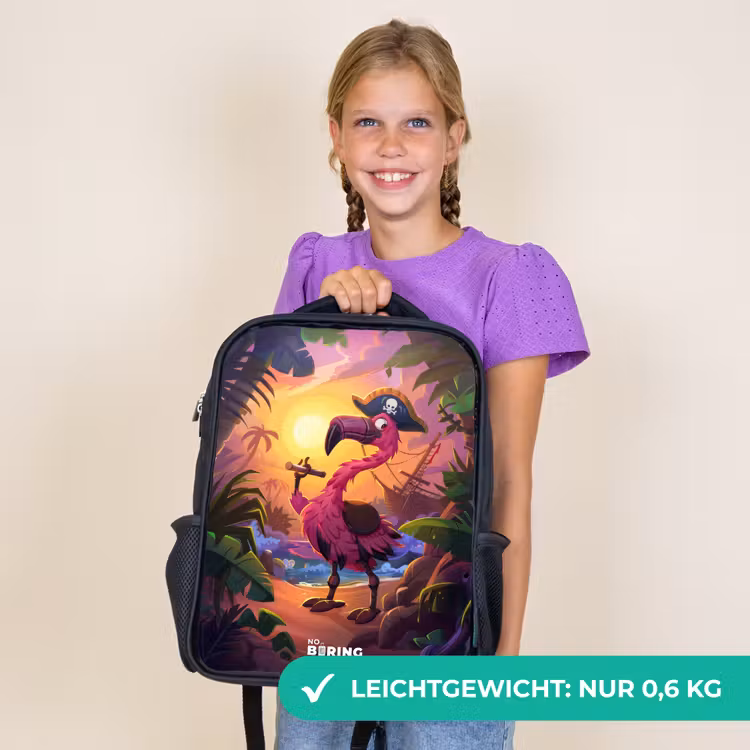 Kinderrucksack - Schwarz - Piratenflamingo auf einem tropischen Pfad — 7