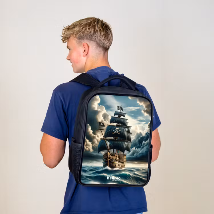 Kinderrucksack - Schwarz - Piratenschiff auf tosender See — 3