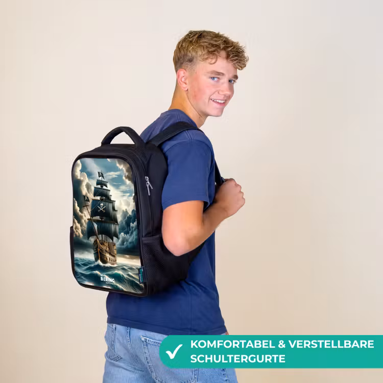 Kinderrucksack - Schwarz - Piratenschiff auf tosender See — 9