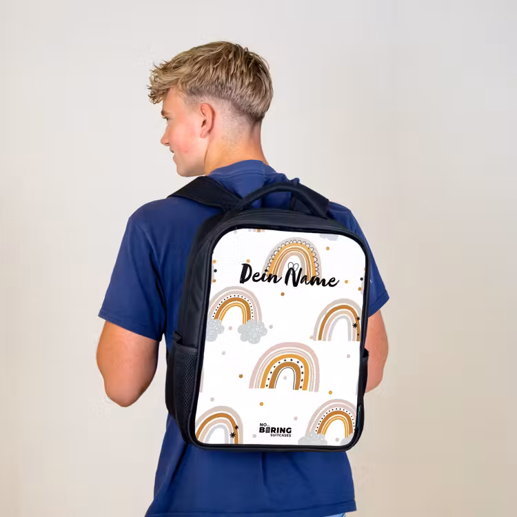 Kinderrucksack - Schwarz - Regenbogenmuster in sanften Farben — 3