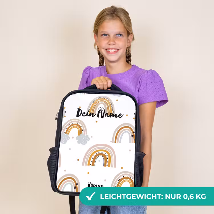 Kinderrucksack - Schwarz - Regenbogenmuster in sanften Farben — 7