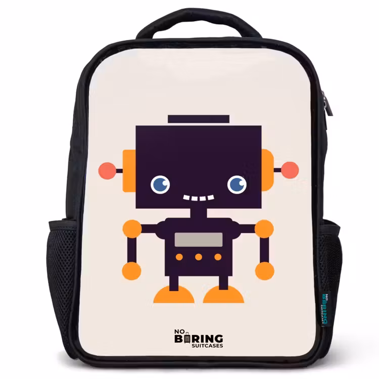 Kinderrucksack - Schwarz - Schwarzer Roboter mit orangefarbenen Akzenten — 1