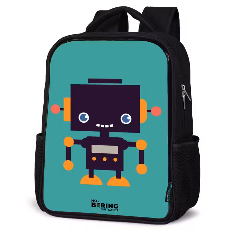 Kinderrucksack - Schwarz - Schwarzer Roboter mit orangefarbenen Akzenten auf blauem Hintergrund — 4