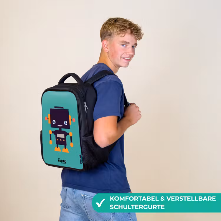 Kinderrucksack - Schwarz - Schwarzer Roboter mit orangefarbenen Akzenten auf blauem Hintergrund — 9
