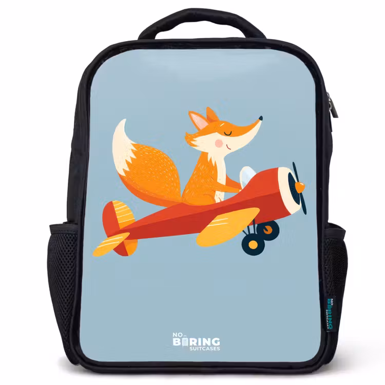 Kinderrucksack - Schwarz - Fuchs - Flugzeug - Fliegen — 1