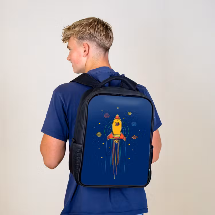 Kinderrucksack - Schwarz - Rakete - Blau - Sterne — 3