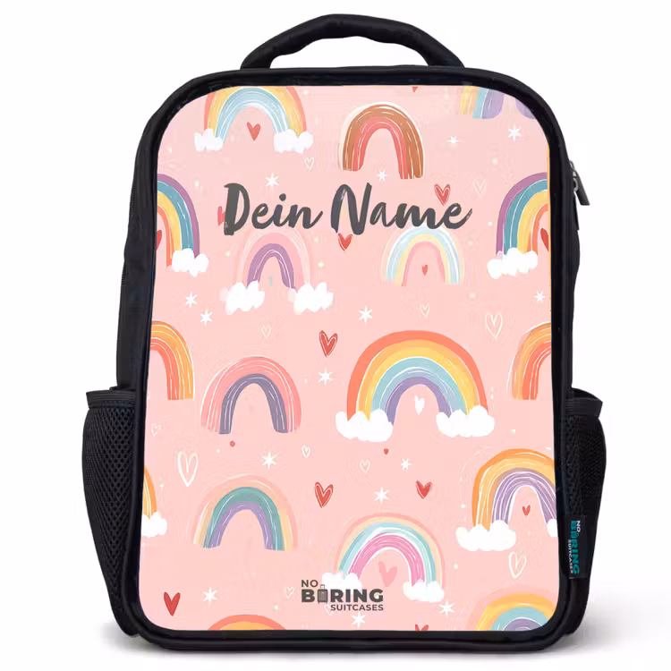 Kinderrucksack - Schwarz - Regenbögen auf einem rosa Hintergrund — 1
