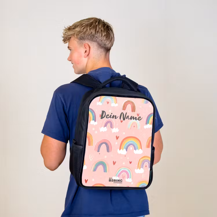 Kinderrucksack - Schwarz - Regenbögen auf einem rosa Hintergrund — 3