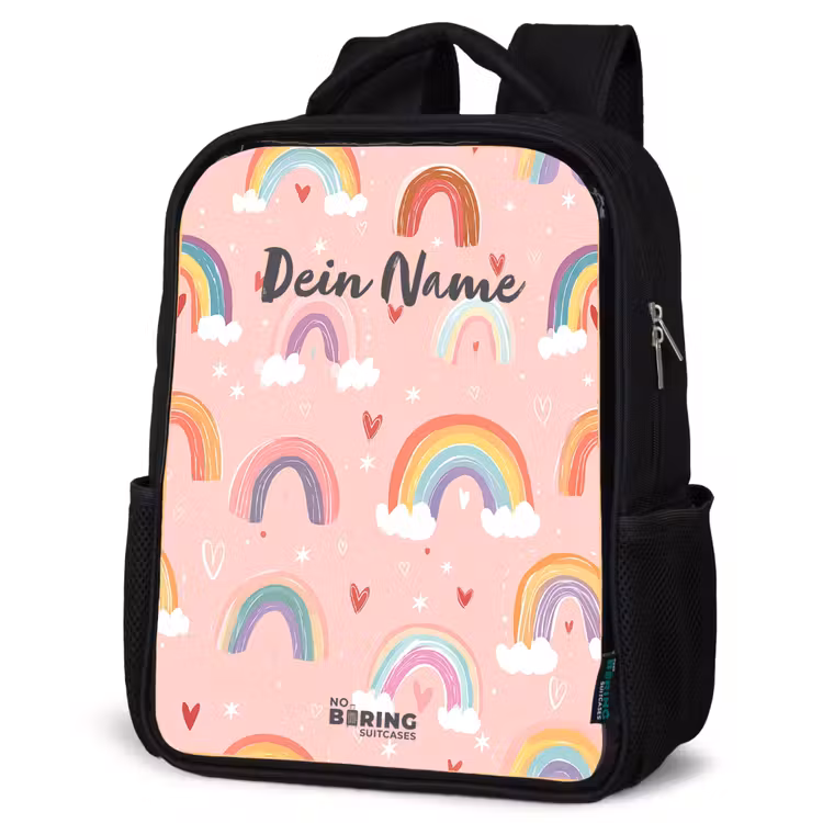 Kinderrucksack - Schwarz - Regenbögen auf einem rosa Hintergrund — 4