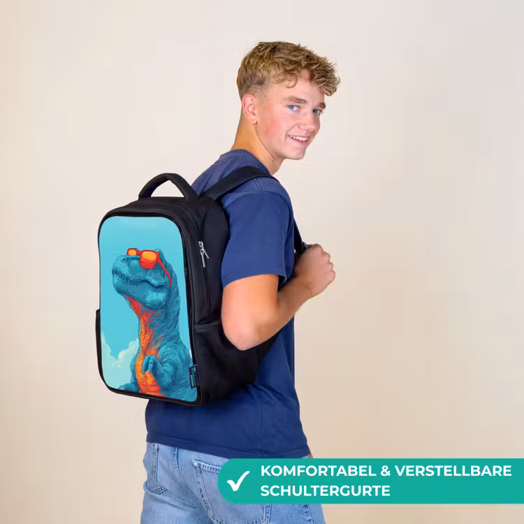 Kinderrucksack - Schwarz - T-Rex - Blau - Wolken - Sonnenbrille — 9